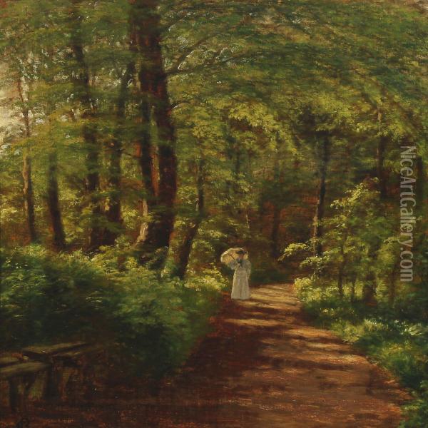 Forest Scenery With Woman Strolling Oil Painting - Christian Berthelsen