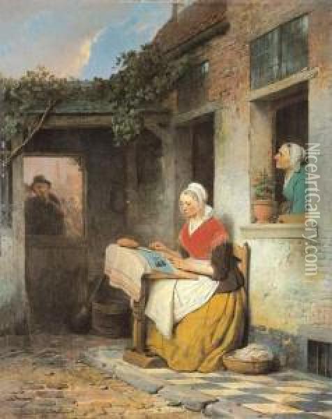 De Kantklosster - La Dentelliere (1869) Oil Painting - Ferdinand de Braekeleer