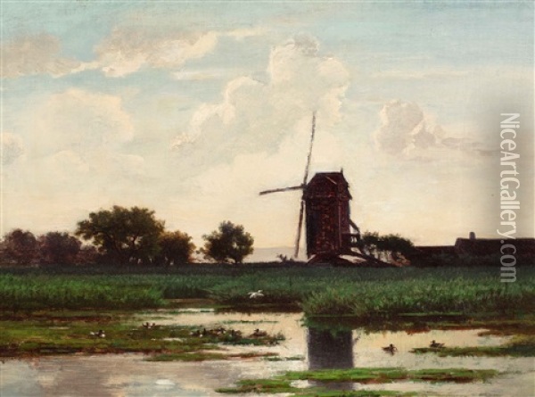 Dutch Polder Landscape With Windmill And Ducks On The Waterside Oil Painting - Paul Joseph Constantin Gabriel