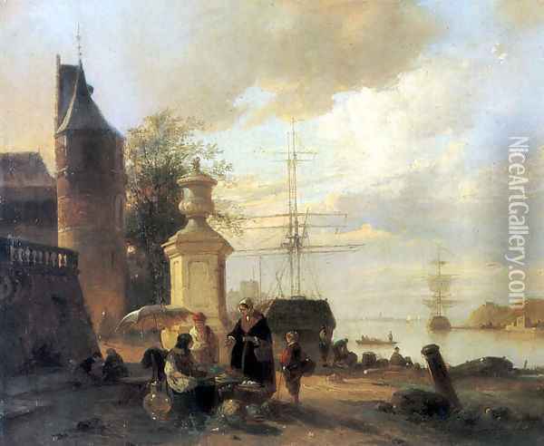 Figures at a market Stall by a Harbour Oil Painting - Jan Michael Ruyten
