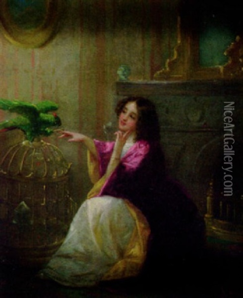 Girl With A Parrot Oil Painting - Louis Lang