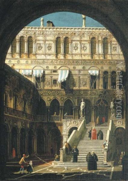 The Courtyard Of The Ducal 
Palace, Venice, With The Scala Deigiganti From Underneath The Arco 
Foscari Oil Painting - (Giovanni Antonio Canal) Canaletto
