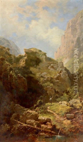 Der Wanderer Im Gebirge (after C. Spitzweg) Oil Painting - Willy Moralt