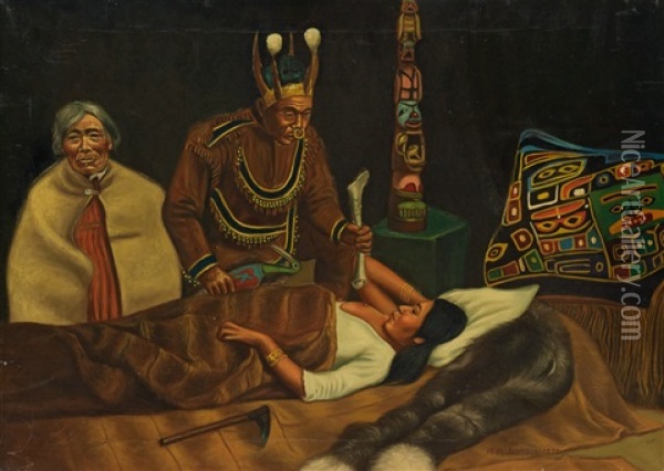Medicine Man, Haida Tribe Oil Painting - August Jansson