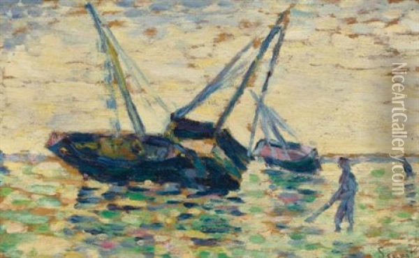 Trois Bateaux Et Un Marin (study For L'echouage A Grandcamp) Oil Painting - Georges Seurat