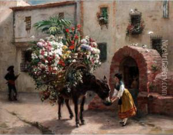 En Route To The Flower Market, Seville Oil Painting - Paul Vayson