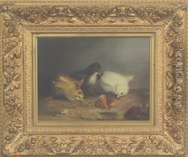 Three Chicks With Butterfly And Spider Oil Painting - Mary Russell Smith