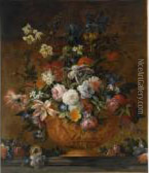 A Still Life With Roses, Tulips,
 Irisses, Poppy Anemones, Auricula, Hyacinths And Other Flowers, All In A
 Terracotta Sculpted Vase, On A Stone Ledge Oil Painting - Jean-Baptiste Monnoyer
