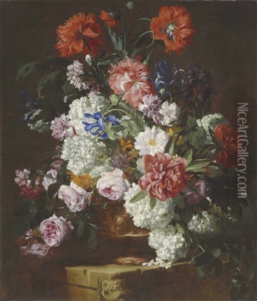 Roses, Peonies, Poppies, Carnations, Guelder Roses And Other Flowers In A Sculpted Terracotta Vase On A Stone Ledge Oil Painting - Hieronymus Galle the Elder