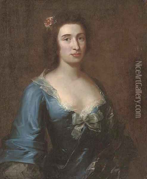 Portrait of a lady, half-length, in a blue dress with lace trim and a bow, flowers in her hair Oil Painting - Joseph Highmore