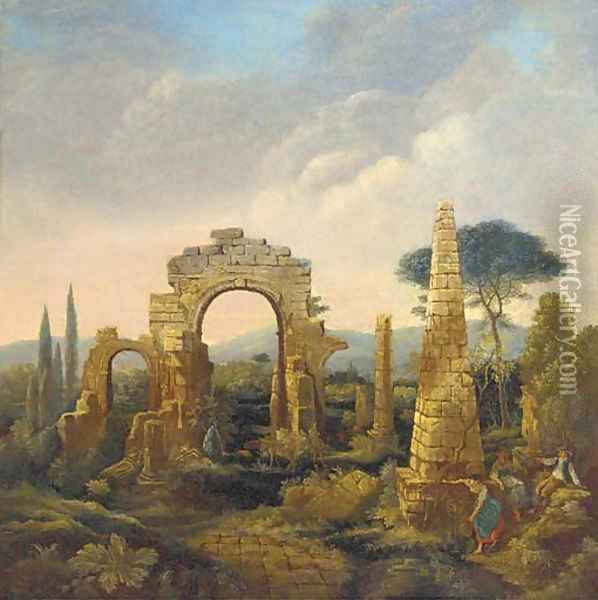 Figures before a classical ruin Oil Painting - English School
