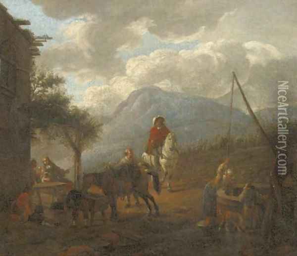 Travellers resting and watering their horses by an inn Oil Painting - Pieter Wouwermans or Wouwerman
