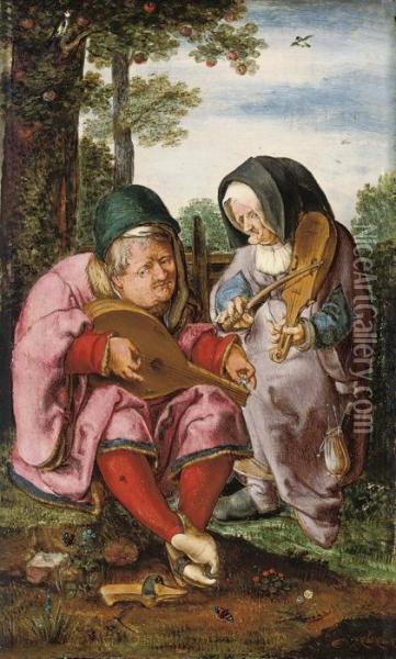 An Old Man And Woman Making Music, In A Landscape Oil Painting - Lucas Van Leyden