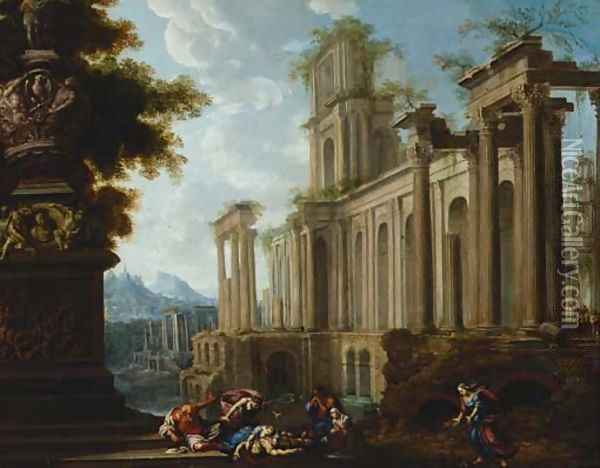 A capriccio of Roman ruins, with the death of Adonis () Oil Painting - Pierre-Antoine Patel