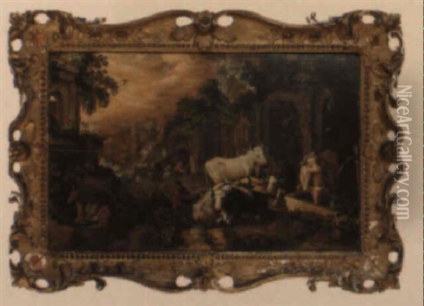 Landscape With Ruins And Herders With Their Animals Oil Painting - Roelandt Savery