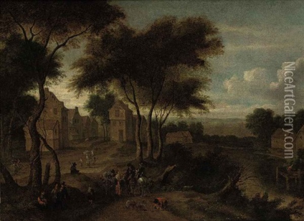 A River Landscape With A Village And Travellers On A Path Oil Painting - Pieter Bout