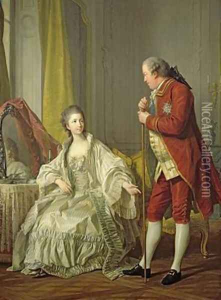 Portrait of the Marquis de Marigny and his Wife Marie-Francoise Constance Julie Filleul 1769 Oil Painting - Louis Michel van Loo