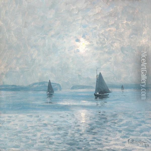 Seascape With Sailing Boats In The Moonlight Oil Painting - Carl Brandt