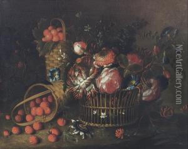 Roses, Violets And Other Flowers
 In A Basket, A Basket Ofstrawberries And A Laying Basket With 
Raspberries Oil Painting - Pieter Hardime