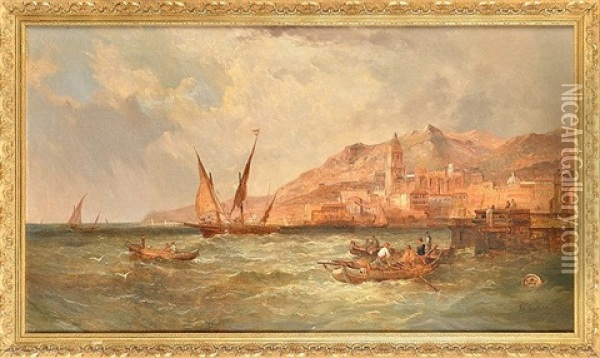 Malaga - A Spanish Coastal Scene Depicting Fishermen In Rowing Boats And Other Vessels In Open Water Off The Malaqueta Quay Oil Painting - Alfred Pollentine