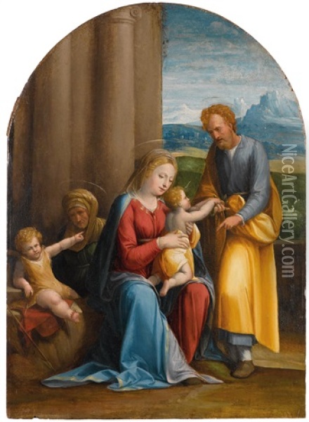 Die Heilige Familie Mit Dem Heiligen Johannes Und Der Heiligen Anna Oil Painting - Benvenuto Tisi da Garofalo