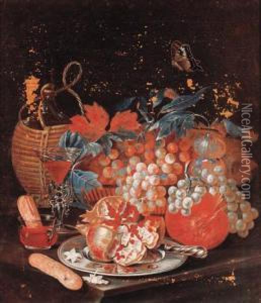 A Basket Of Fruit With A Carafe,
 A Faon De Venise Wine Glass,pommegranates On A Pewter Plate And A 
Butterfly Oil Painting - Christian Berentz