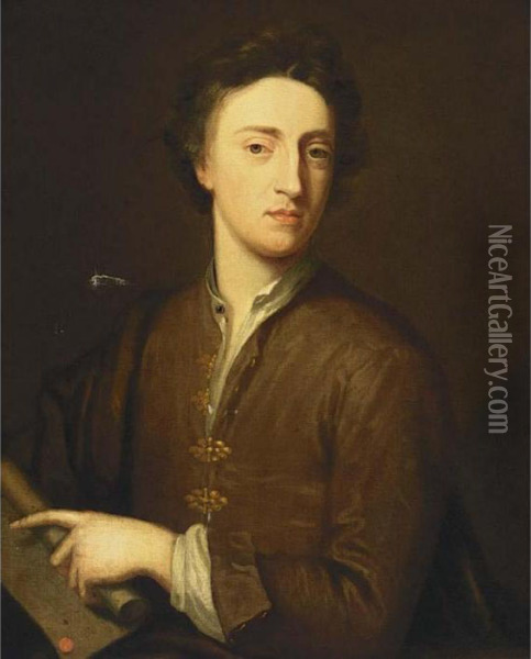 A Portrait Of A Gentleman, Half 
Length, Wearing A Brown Coat And A White Chemise, Holding A Letter In 
His Left Hand Oil Painting - Sir Godfrey Kneller