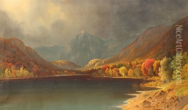 Serene Autumnal Lakeside Scene With Snowcapped Mountains In The Distance And Storm Approaching Oil Painting - Daniel Charles Grose