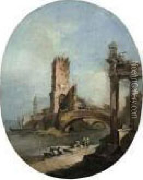 A Capriccio With A Ruined Temple, A Fortified Bridge And Acampanile On The Lagoon Oil Painting - Francesco Guardi