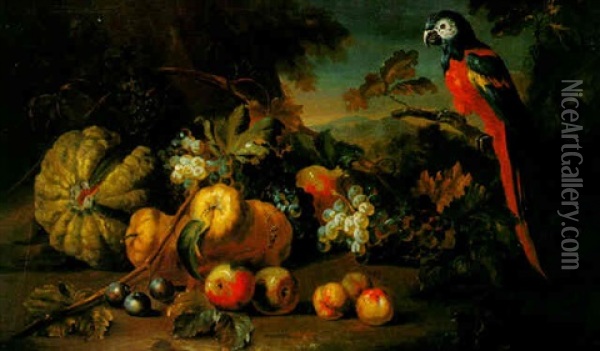 Still Life With Watermelon, Pears, And Assorted Fruit And A Parrot Nearby, All Set Within A Wooded Landscape Oil Painting - Pieter Casteels III