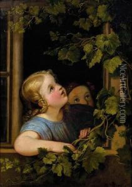 Zwei Kinder Am Fenster Oil Painting - Johann Baptist Reiter