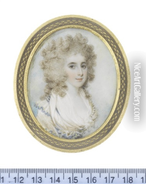 A Lady, Wearing White Fichu And Dress With Frilled Collar Edged With Blue Trim And Strands Of Pearls, Her Powdered Wig Worn A La Conseilleur Oil Painting - Samuel Shelley
