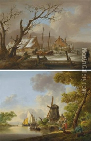 A Winter Landscape (+ A Summer Landscape; Pair) Oil Painting - Jan van Os