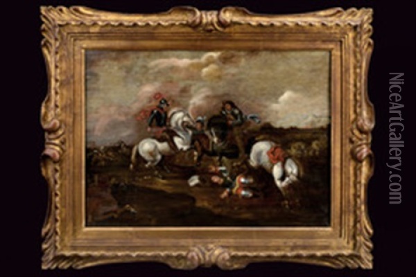 Scena Di Combattimento A Cavallo Tra Guerrieri In Armatura Con Spade Oil Painting - Jan van Huchtenburg
