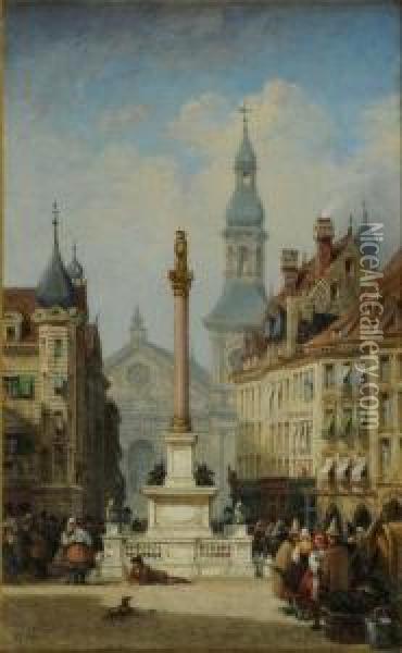 Munich. Crowded Street Scene With Figures Milling Around A Column And Statue In A Square Oil Painting - William Wyld