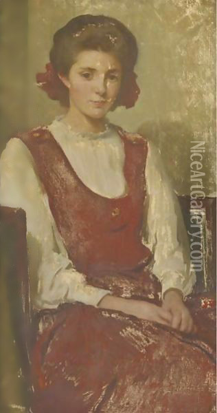 Portrait Of A Girl In Red Dress Oil Painting - John White Alexander