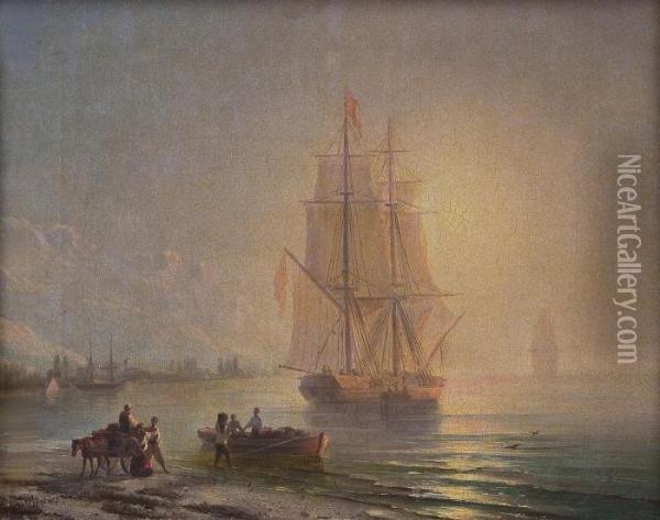 Beladung Eines Segelschiffes In Der Stimmungsvollen Abenddammerung Oil Painting - Ivan Konstantinovich Aivazovsky