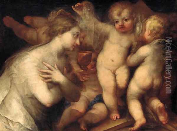 A female figure surrounded by desporting putti Oil Painting - Andrea Celesti