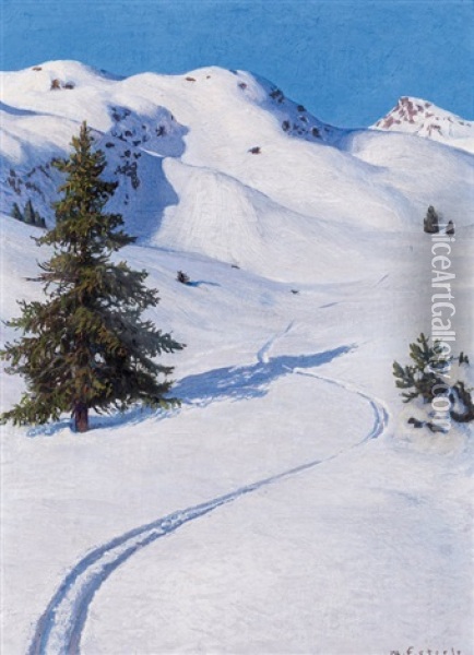 Snow Landscape With Ski Tracks Oil Painting - Max (Ritter) von Esterle