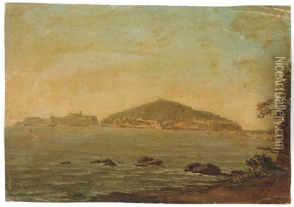 Vue De Naples Depuis Portici, Le Castel Dell'ovo Sur La Gauche Oil Painting - Simon-Joseph-Alexandre Clement Denis
