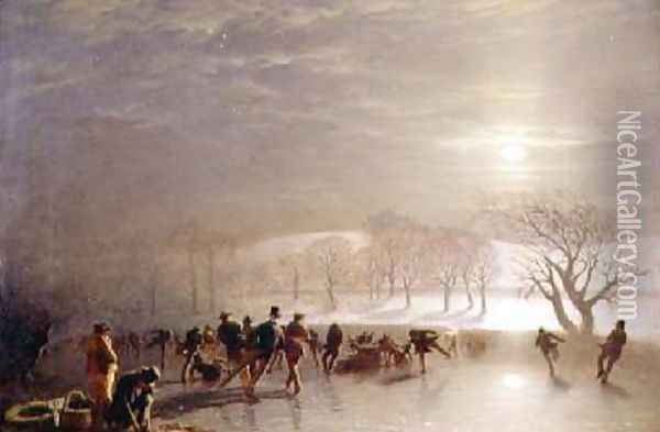 Skaters Duddingston Loch by Moonlight Oil Painting - Charles Lees