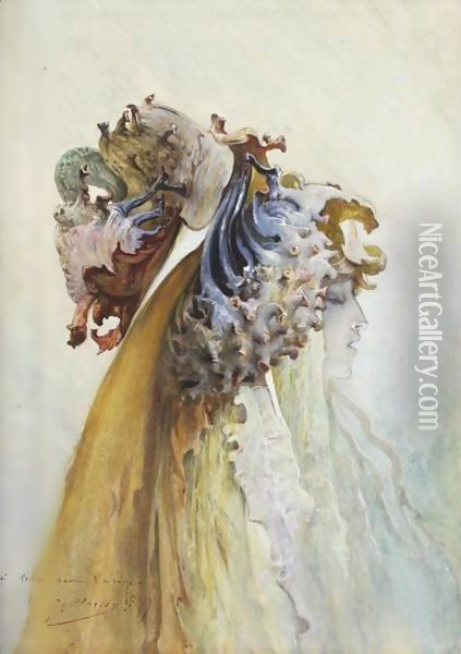Buste De Femme De Profil, Chevelure D'Algues Et De Coquillages Oil Painting - Georges Jules Victor Clairin