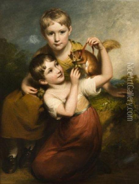 Deux Jeunes Enfants Donnant Des Noisettes A Un Ecureuil Oil Painting - John Opie