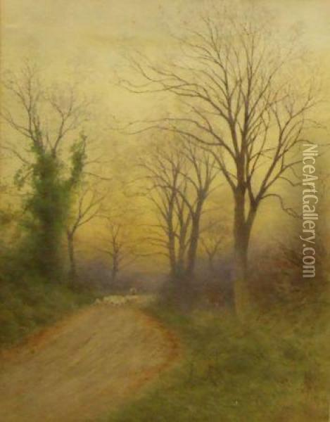 Shepherd And Sheep In A Country Track Oil Painting - Henry Stannard