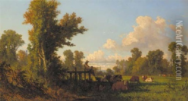 A Cowherd Watching Over His Flock In The Shade Oil Painting - Jean-Baptiste Millet