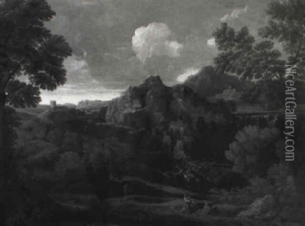 Italianate Landscape With Shepherds On A Path, A Hilltop Town Beyond Oil Painting - Gaspard Dughet