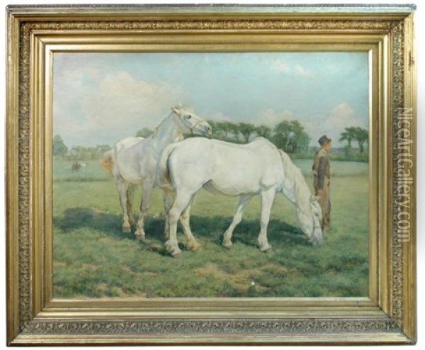 A Horseman Leading Two Grey Cobs In A Meadow Oil Painting - James Prinsep Barnes Beadle