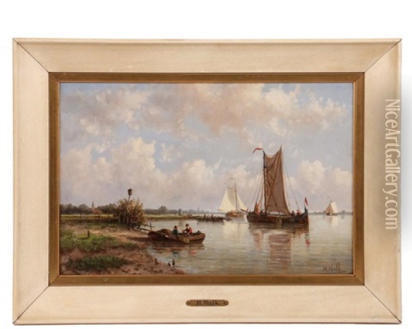 Barges On A Dutch Waterway With Distant Village Oil Painting - Hendrik Hulk