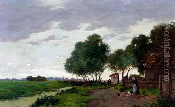 Polderlandschap Met Kippenvoerende Boerin Oil Painting - Bernard, Ben Viegers