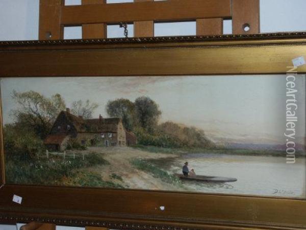River Landscape, With Rowing Boat And Farm House Oil Painting - Daniel Sherrin